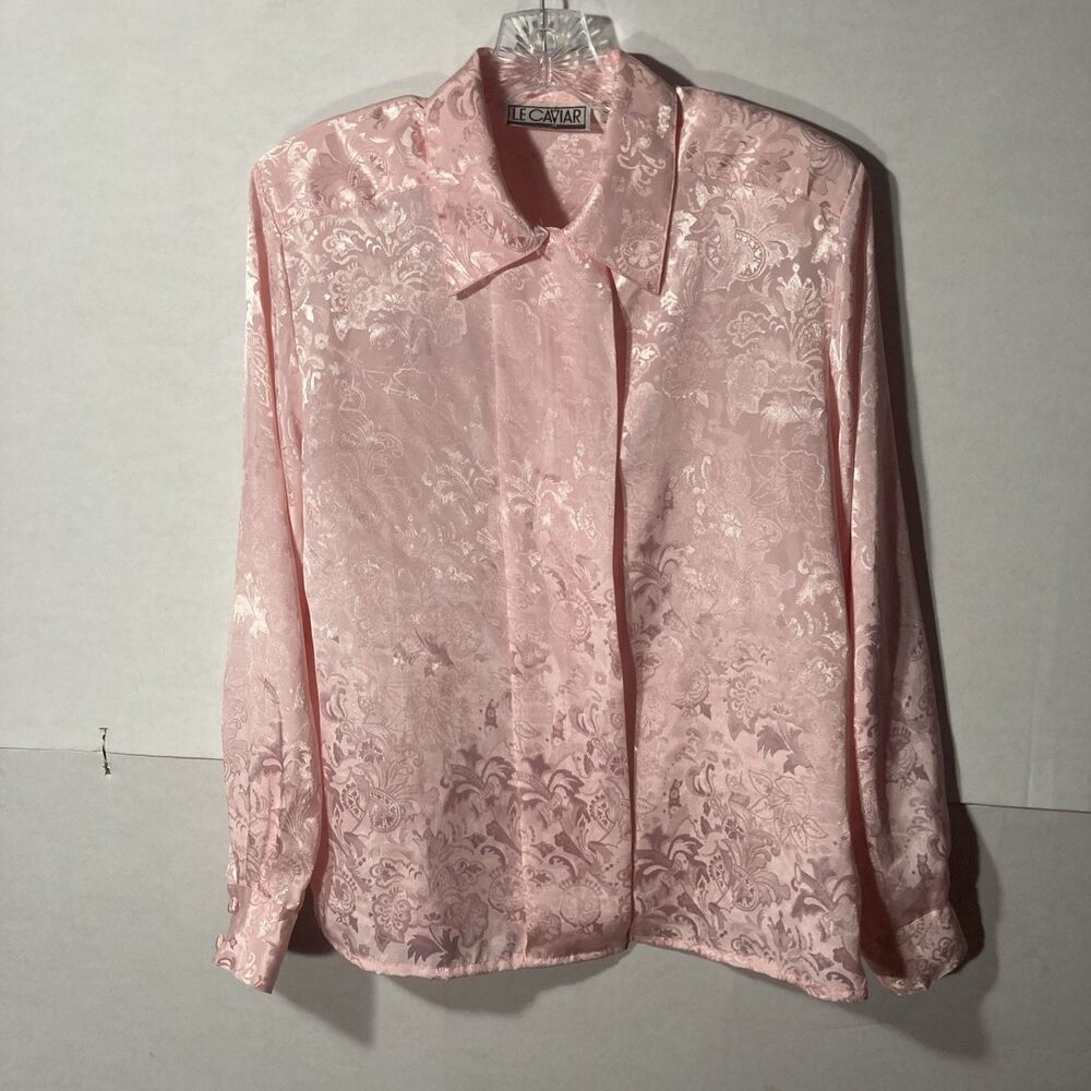 LE CAVIAR pink floral jacquard satin long sleeve collared button up top 6